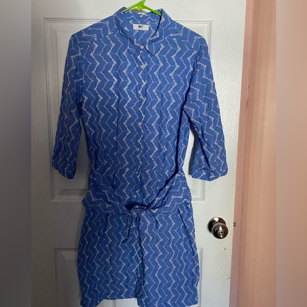 100%Cotton  Blue Zigzag Tie-Front Midi Dress